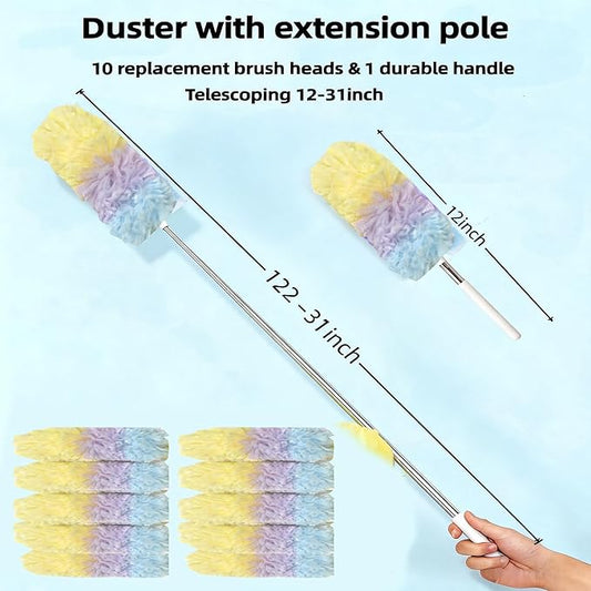 Heavy Duty Duster Refills, Disposable Dusters Kit for Cleaning Dusting Furniture Blind Ceiling Fan, Multi Surface 360 Feather Duster(10)+3FT Extended Handle(1) (Colorful)