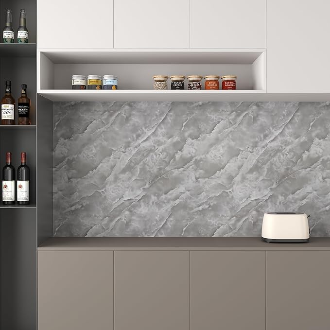 JSEVEM 16"×118" Thick Grey White Cloud Pattern Marble Wallpaper Peel and Stick Vinyl Gray White Marble Contact Paper for Cabinet Waterproof Glossy Granite Wall Sticker for Walls Table Desk Countertops