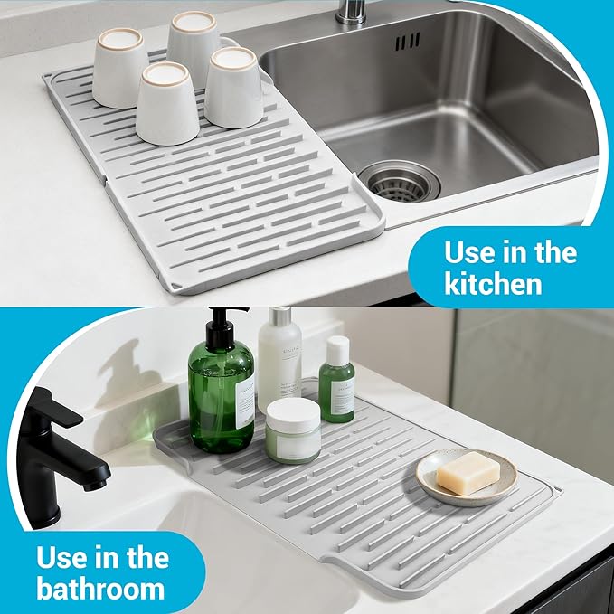 Silicone Dish Drying Mat for Kitchen Counter, Foldable & Heat Resistant Drying Pad with 5° Slope & Wide Drain, 15x12 Inch Non-slip Sink Mat for Bathroom and Countertop.(Light Grey)