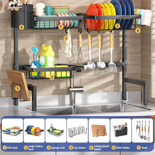 SNSLXH 2-Tier Over The Sink Dish Drying Rack, Kitchen Large Dish Drying Rack Over The Sink, Suitable for Most Sinks, Effective Dish Drying, Kitchen Drying RackοΌ26.57"-35"οΌ