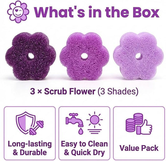 Scrub Flower Temperature Sensitive Sponges -Non-Scratch Scrubbers for Kitchen & Home - Firm in Cold & Soft in Warm Water - Odor Resistant Color-Coded Dish Sponges (Lavender Mist, 3 Count)