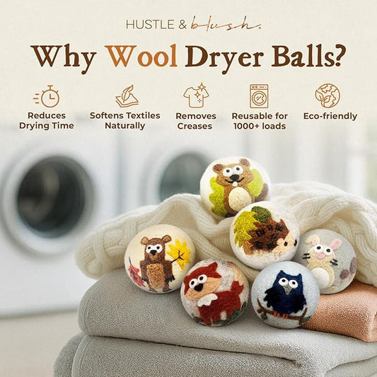 Hustle & Blush Fluff Ewes Wool Dryer Balls 6 Pack - Extra Large Hedgehog and Homies Premium Hand Needled New Zealand Laundry Set, Reduces Drying Time, Static Control, Chemical Free Reusable