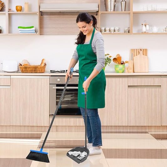 Broom and Dustpan Set ,Long Handle Broom with Upright Standing Dust pan for Indoor Outdoor Home Kitchen Office Floor Cleaning