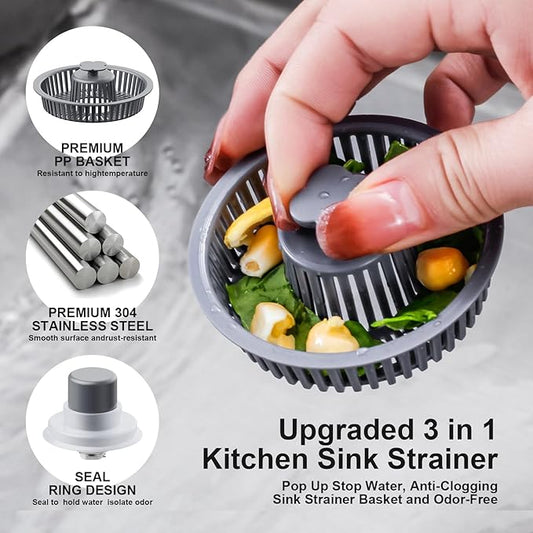 3 in 1 Kitchen Sink Drain Strainer and Stopper, 304 Stainless Steel Pop-up Anti-Clogging Basket Strainer, Fast Drainage Kitchen Sink Plug for Standard 3-1/2" Drain Hole