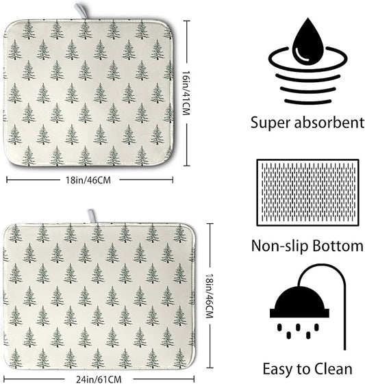 Christmas Tree Dish Drying Mat Winter Xmas Holiday Drying Mats Microfiber Absorbent Dishes Drying Pad Reusable Washable Kitchen Countertop Protector Dish Drainer Rack Mat 16x18 Inch