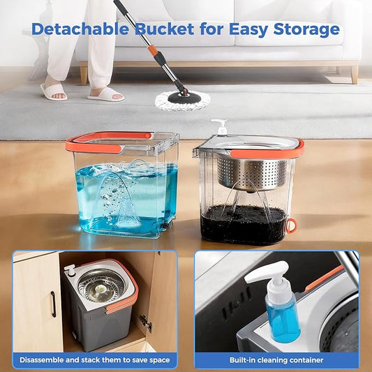 Foldable Spin Mop and Bucket System, Dual-Bucket Cleaning & Stainless Steel Wringing, Collapsible Storage with Detergent Bottle, 2 Reusable Microfiber Mop Heads for Floor Cleaning