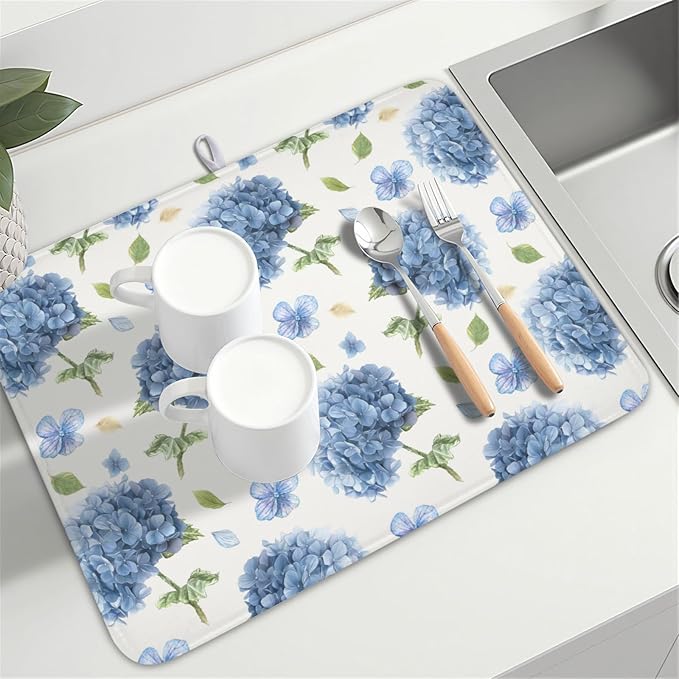 Spring Summer Hydrangea Dish Drying Mat for Kitchen Counter 18 x 24 Inch Blue Floral Dish Drainer Mat Absorbent Microfiber Dish Rack Pad for Holiday Coffee Dining Bar Decor