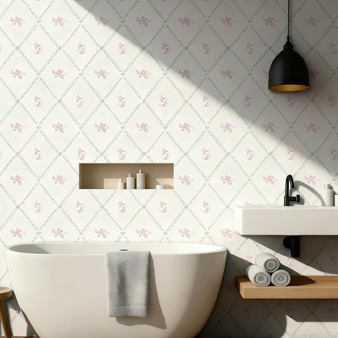 GloryTik Vintage Floral Wallpaper Peel and Stick, Removable Pink Flowers Contact Paper, Self Adhesive Wall Paper for Bedroom Living Room Cabinets Bedroom Vinyl Rolls (17.3" x 197")