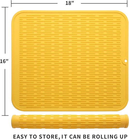 MicoYang Silicone Dish Drying Mat for Multiple Usage,Easy clean,Eco-friendly,Heat-resistant Silicone Mat for Kitchen Counter or Sink,Refrigerator or Drawer Liner Yellow XL 18 inches x 16 inches