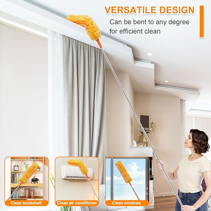 100" Reachable Microfiber Feather Duster, Duster with Extension Pole, 3 pcs Replacement Duster Head, Cleaning Tools for High Ceilings and Fans, Blinds, Cars and Furniture