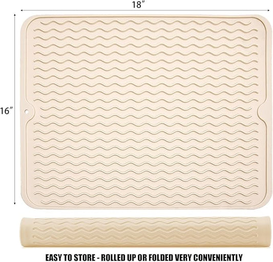 Silicone Dish Drying Mat for Multiple Usage, Easy clean, Eco-friendly, Heat-resistant Dish Drainer Mat for Kitchen Counter,Sink,Refrigerator or Drawer liner (18" x 16", BEIGE)