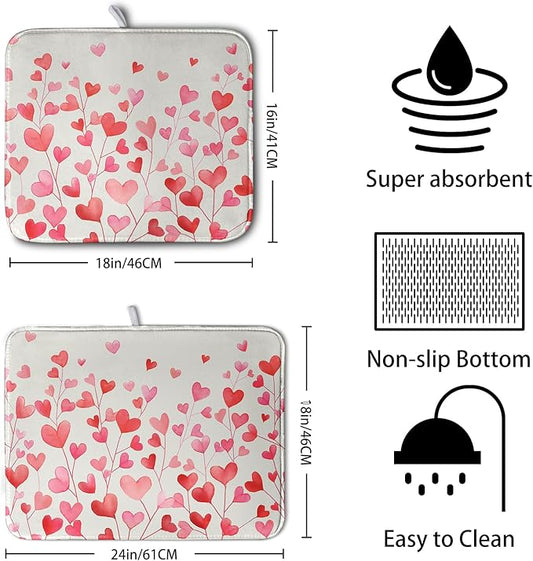 Valentines Pink Love Heart Dish Drying Mat Valentine Day Absorbent Microfiber Dish Drying Pad Heat Resistant Kitchen Counter Draining Mat Extra Large Dish Drainer Rack Mats 16x18 Inch
