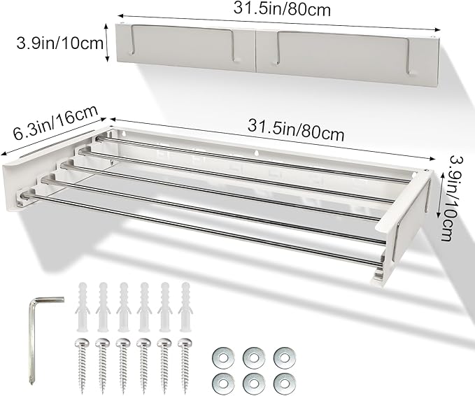 Wall Mounted Drying Rack, Clothes Drying Rack Foldable, 31.5" Laundry Racks for Drying Clothes Collapsible Drying Racks for Laundry with 2 Towel Handles and Wall Template for Indoor Outdoor