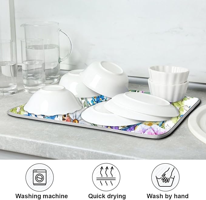 Floral Birds Dish Drying Mat for Kitchen Spring Globe Daisy Butterfly Flowers Microfiber Drying Mats Absorbent Reversible Dish Pad Medium Dish Draining Mat 16x18 inch