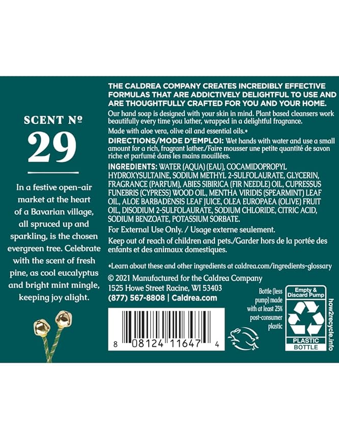 Caldrea Hand Wash Soap, Aloe Vera Gel, Olive Oil and Essential Oils to Cleanse and Condition, Juniper Laurel Mint Scent, 10.8 oz