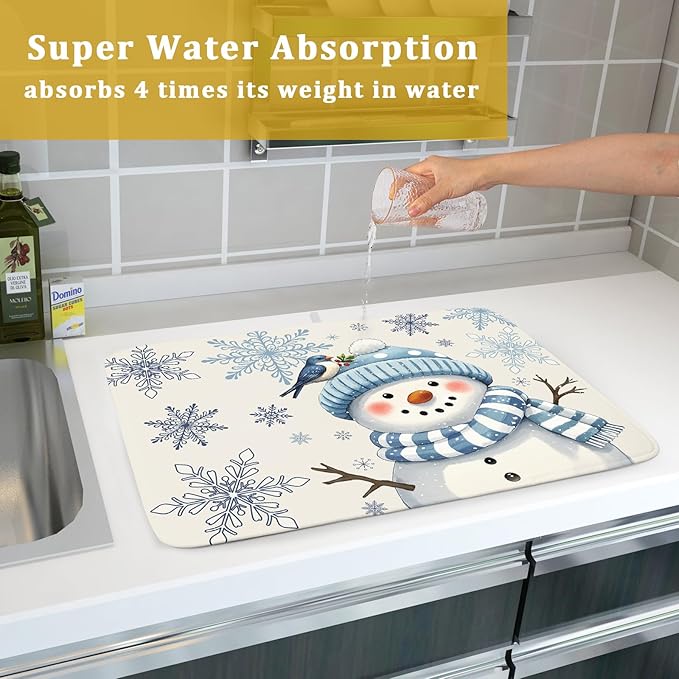 Winter Snowman Dish Drying Mat for Kitchen Counter 18x24 Blue Snowflake Bird Christmas Holiday Absorbent Reversible Microfiber Drying Mats Kitchen Countertop Protector Dishes Drainer Rack Pad