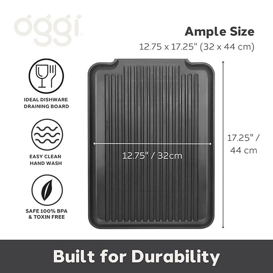 Oggi Dish Drain Board & Drying Rack Tray for Kitchen - Ideal Rigid Drainboard, Plate & Glass Drainer Tray, Dish Drain Boards for Kitchen Counter, 12.75 x 17.25 - Black