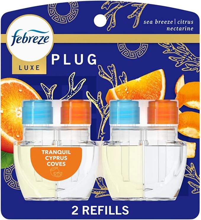 Febrezee Plug In Refills New Edition Plug In for Odor-Fighting Fade Defy PLUG Air Freshener, (2) Count of 0.87 fl oz Refills (Tranquil Cyprus Coves)