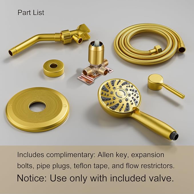 Gold Shower Faucet Set, Single-Handle Shower Kit with Rough-In Valve,6-Mode ABS Handheld Spray, Shower Combo System, Complete Trim Kit, Brushed Gold(without tub spout, Brushed Gold)