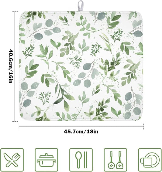 Spring Summer Sage Green Leaves Dish Drying Mat 16 x 18 Inch Spring Eucalyptus Leaf Dish Drainer Rack Mat Absorbent Microfiber for Holiday Kitchen Coffee Dining Bar Decor