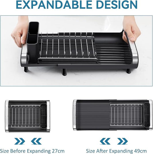 Small Dish Drying Rack, Mini Expandable Compact Dish Rack, Slim Extendable Stainless Steel Dish Drainer for Kitchen Plate Storage, Space Saving Dish Strainer in Sink or on Home Countertop, Black
