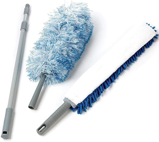O-Cedar Dual-Action Microfiber Duster w/Telescopic Handle, 3 Piece Set, White, Blue (Pack of 2)