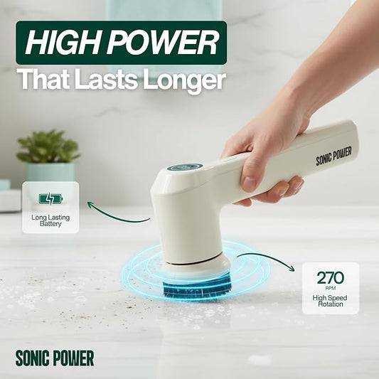 Electric Spin Scrubber – Handheld & Ergonomic, IPX7 Waterproof, 4 Multi-Purpose Brush Heads, Long-Lasting Rechargeable Battery – Cleans Dishes, Bathroom, Tile, Grout & Kitchen (Beige)