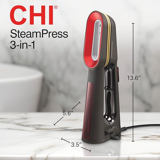 CHI SteamPress 3-in-1 Handheld Garment Steamer & Clamping Steam Iron, No Ironing Board Needed, 200ml Water Tank, 9 Minutes of Steaming, 25 Second Fast Heat-Up, 1500 Watts, 10’ Cord, Black (11600)
