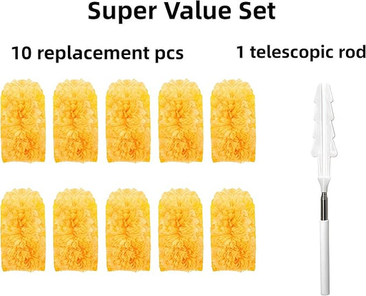 Heavy Duty Duster Refills, Disposable Dusters Kit for Cleaning Dusting Furniture Blind Ceiling Fan, Multi Surface 360 Feather Duster(10)+3FT Extended Handle(1) (Orange)