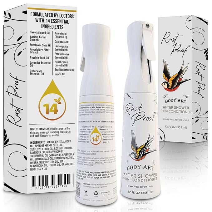 Rust Proof After-Shower Skin Conditioner 12 fl oz – Spray Lotion That Locks in Moisture with 14 Essential Oils – Lightweight Tattoo Aftercare Spray to Hydrate, Nourish & Help Maintain Vibrant Tattoos