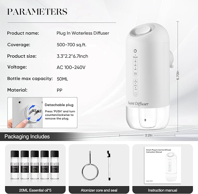 Plug in Diffuser Starter Kit - Waterless Scent Diffuser with 5 Essential Oils, 700 Sq Ft Coverage, Smart Wall Design, Cold-Air Mist, 3 Mist Levels & Blue Ambient Light for Home or Small Spaces, White