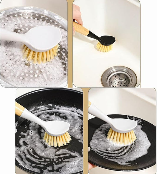 2 Pack Kitchen Dish Brush+1 Pair Reusable Rubber Gloves,Kitchen Cleaning Sets,Bamboo Handle Dish Scrubber Built-in Scraper, Scrub Brushes for Pans Pots Sink Dishwashing,Range Hood (Black)