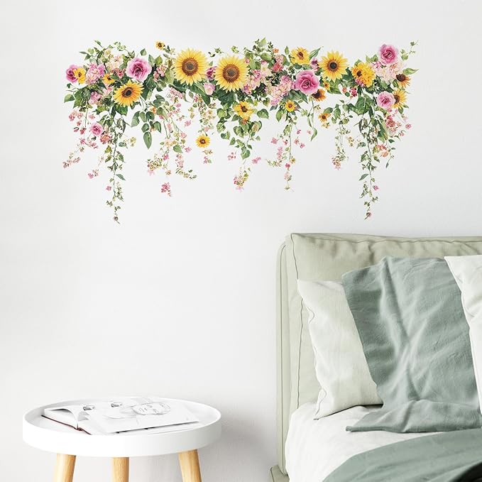 Sunflower Wall Stickers Vinyl Flower Wall Decals Peel and Stick Wall Murals Art Decor Wallpaper for Girls Bedroom Living Room Kitchen Tv Background