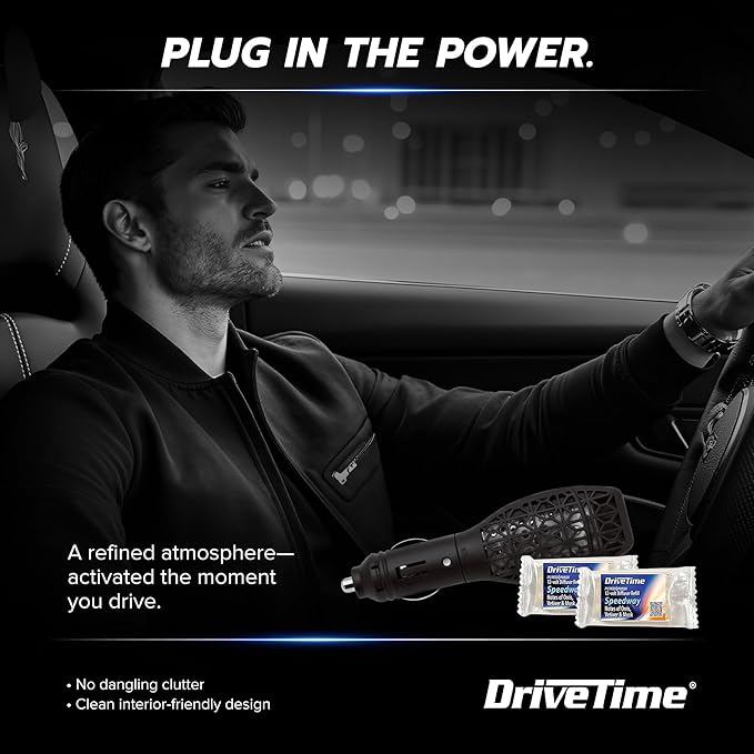 Drive Time Reusable 12V Plug-in Car Air Freshener Refill – Power Fresh, Auto Shut-Off, Plug-In Convenience, No Batteries Needed – Includes 4 Scent Bars for Up to 30 Days of Freshness