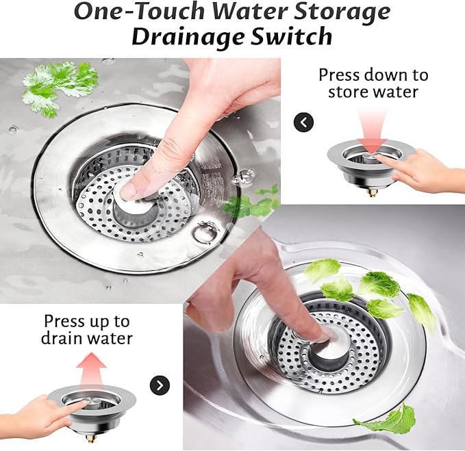 Kitchen Sink Drain Strainer – 304 Stainless Steel 3-in-1 Pop Up Design, Anti-Clogging Sink Strainer Basket for US Standard 3.5" Kitchen Drain, Water Storage & Debris Filter