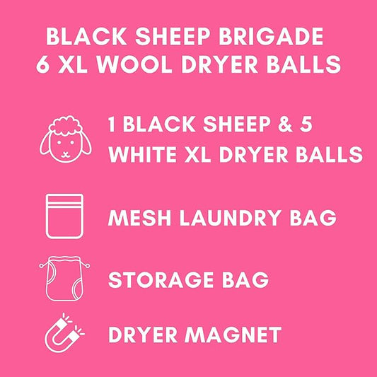 6-Pack XL Organic Wool Dryer Balls - 100% New Zealand Wool, Reuse for 1000 Loads, Fair Trade, Handmade in Nepal, Dryer Balls Laundry Reusable, Black Sheep Dryer Balls, Mesh Laundry Bag