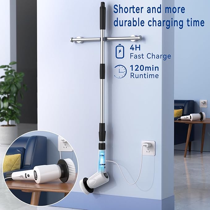 Electric Spin Scrubber,Upgrade Electric Spin Cordless Tub and Tile Scrubber w/ Adjustable Extension Arm,3 Speed 7 Replaceable Cleaning Heads,Power Spin Scrubbers Cleaning Bathroom,Floor,Car
