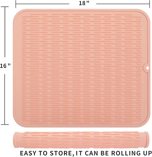 MicoYang Silicone Dish Drying Mat for Multiple Usage,Easy clean,Eco-friendly,Heat-resistant Silicone Mat for Kitchen Counter or Sink,Refrigerator or Drawer Liner Pink XL 18 inches x 16 inches