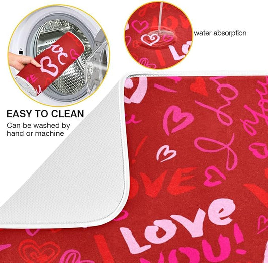 Happy Valentine's Day Dish Drying Mat for Kitchen Red Pink Heart Love Words Microfiber Drying Mats Absorbent Reversible Dish Pad Medium Dish Draining Mat 16x18 inch