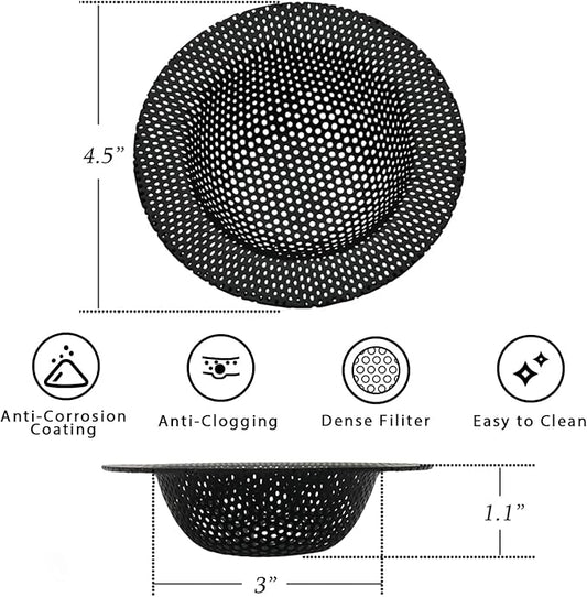 2 Pcs Black Kitchen Sink Drain Strainer for Most Drains, Stainless Steel, Large Wide Rim, 4.5in Diameter, Anti-Clogging, Rust Free