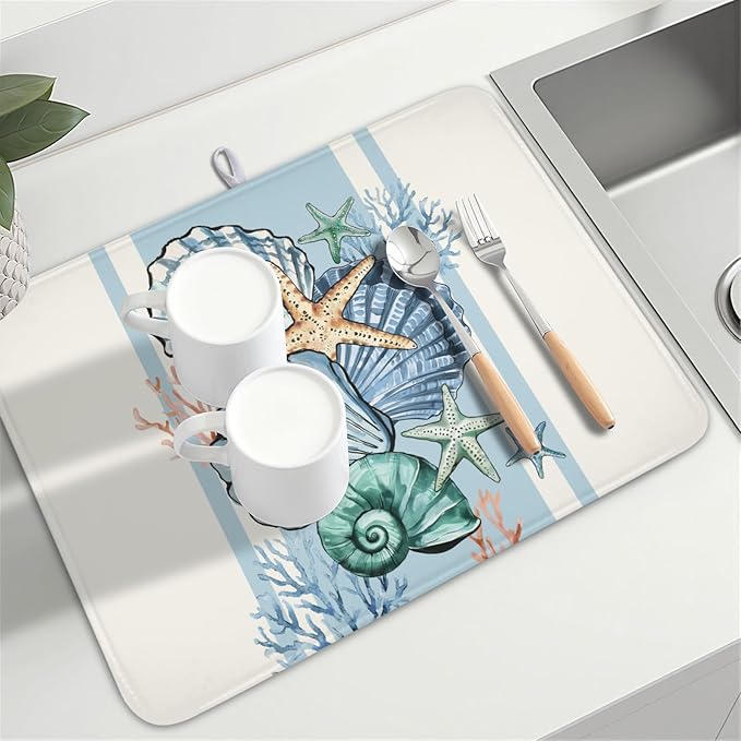 Summer Sea Shell Drying Mat 24x18 Inch, Starfish Drying Mat with Absorbent Reversible Microfiber, Coastal Dish Drainer Mats Holiday Ocean Rack Pad for Coffee Countertop Kitchen Protector