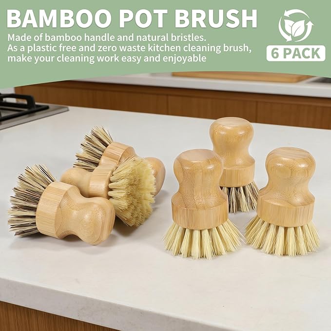 6 Pack Bamboo Dish Brush Set with Palm and Sisal Bristles, Natural Dish Scrubber for Fruit & Vegetables Cleaning, Kitchen Scrub Brush for Cast Iron Pots, Pans, Dishes