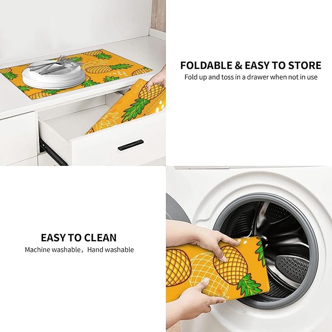 Pineapple Pattern Dish Drying Mats for Kitchen Counter, Absorbent Reversible Microfiber Dish Drying Pad, Multi-Use Large Drying Mat Coffee Bar Accessories 18"x24"