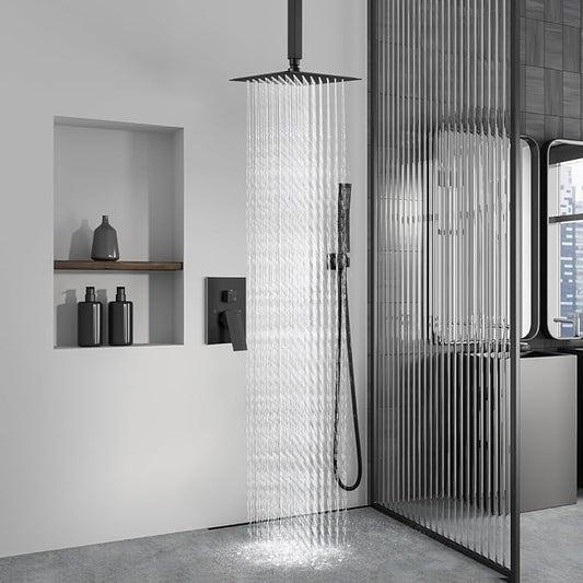 Aolemi Ceiling Mount Rain Shower Head & Handheld Spray with Robust Valve & Trim Kit - Matte Black, 8 Inch Head