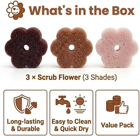 Scrub Flower Temperature Sensitive Sponges -Non-Scratch Scrubbers for Kitchen & Home - Firm in Cold & Soft in Warm Water - Odor Resistant Color-Coded Dish Sponges (Earth Dahlia, 3 Count)