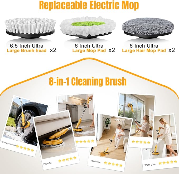 Cordless Electric Mop for Dewalt 20V Battery (NO Battery), 2 in 1 Spin Mop & Electric Floor Scrubber Machine with LED Light & Water Spray, 800 RPM Rotating Electric Mops for Floor Cleaning (Yellow)