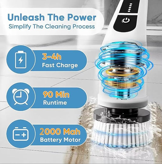7-in-1 Electric Spin Scrubber with Long Extension Handle, Cordless Cleaning Brush with 2 Speeds, Power Scrubber with 7 Replaceable Brush Heads for Floor Tile,Bathroom,Shower Bathtub,Glass,Car etc.