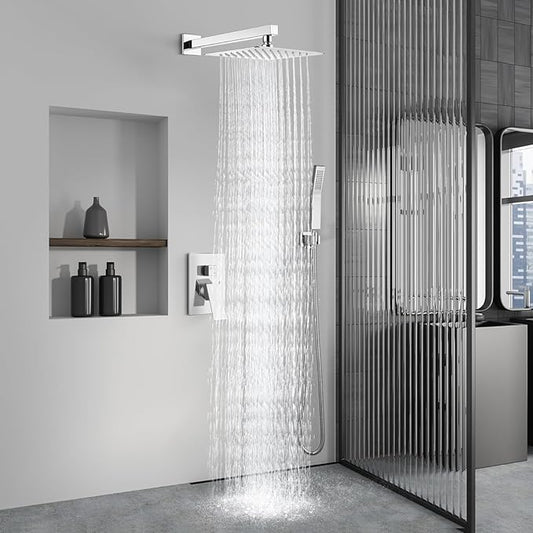 Aolemi Shower Faucet Set Rain Shower System with Handheld Spray Bathroom Shower Combo Rough-in Valve and Shower Trim Kit Included Polish Chrom 10 Inch Wall Mount Shower Head