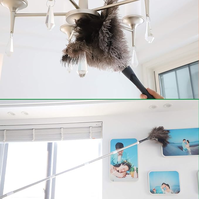 Gray Ostrich Feather Duster with 71 Inch Extendable Pole, Microfiber Duster for Home Cleaning