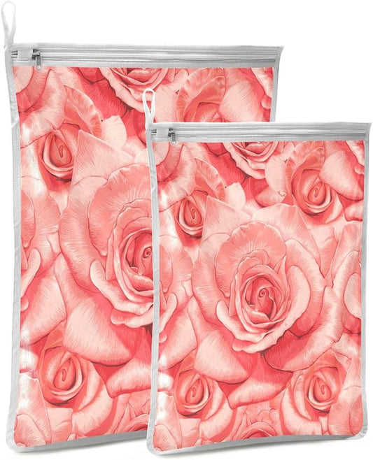 Mesh Laundry Bags Lingerie Bags for Washing Delicates 2 PCS Wash Bag with Zipper Small and Medium Washable Red Roses